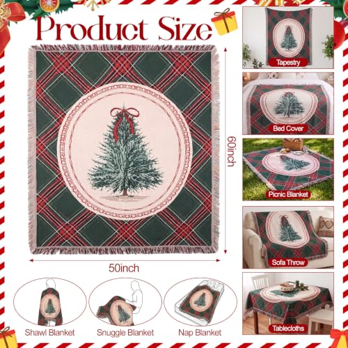 Retro Christmas Tree Woven Blanket - Green Tartan Plaid Throw 50x60