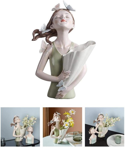Girl Figurines Flower Vase Resin Girl Statue Sculpture Floral Flower Pots Flower Holder Desktop Planter for Home Office Table Ornaments - Green