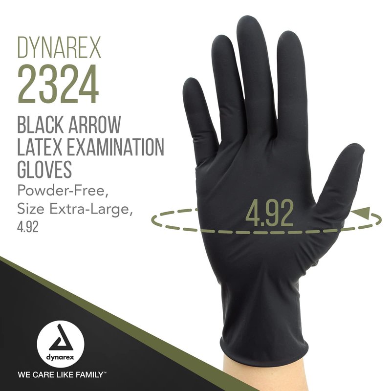 Dynarex Black Arrow Disposable Latex Exam Gloves, Powder-Free, For Healthcare, Law Enforcement, Tattoo, Salon or Spa, Black 1 Box of 100 (Medium)