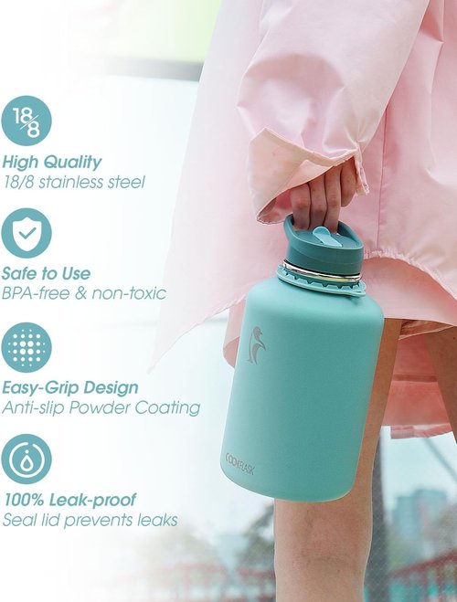 Coolflask Insulated Water Bottle - 64 oz Half Gallon Jug with Straw & Spout Lids | Keeps Drinks Cold 48h, Hot 24h, Leak Proof, Agate Green