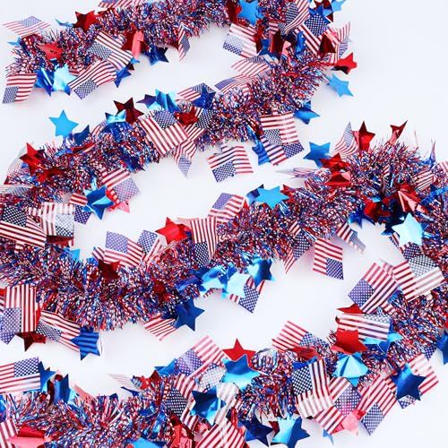 50FT Patriotic Tinsel Garland with Red White & Blue Stars for 4th of July