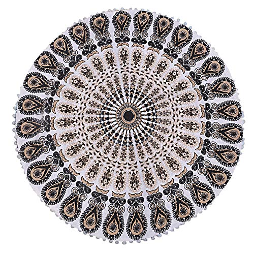 32-Inch Bohemian Mandala Floor Pillow Cover with Pom Pom Trim, Gold Black