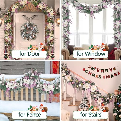 Elyum 2Pcs 6 Ft Pink Christmas Garland with Lights, Magnolia Flowers & Gold Leaves