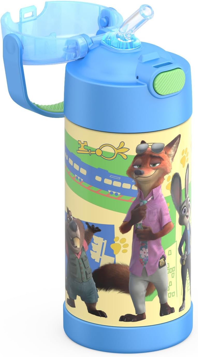 THERMOS FUNTAINER Water Bottle - 12 Ounce Kids Stainless Steel Vacuum Insulated with Straw | Zootopia 2 Design
