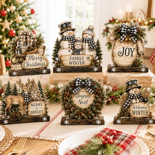 Novabright Snowman Christmas Table Decor Set of 6 - Farmhouse Wood Signs