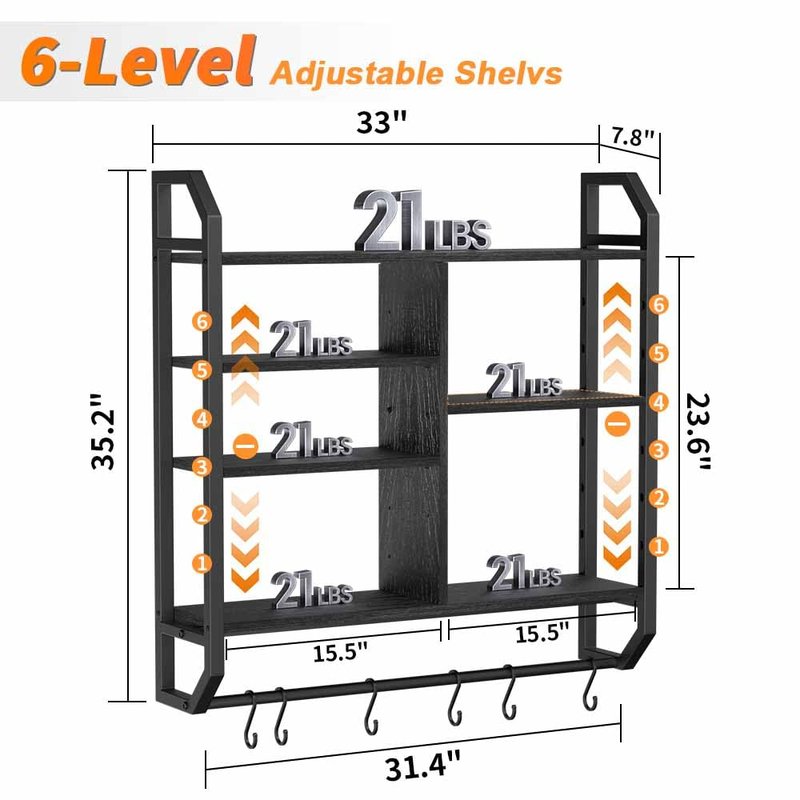 Nidouillet 34" Gaming Floating Shelves, Large LED Wall Mounted Display Shelf, Adjustable Hanging Pipe Shelf Bookshelf with Lights 6 Hooks for Game Living Room Bedroom Coffee Bar Kitchen Decor Black