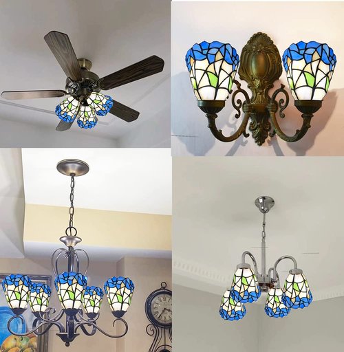 HUIMEIJU Tiffany glass shades, blue and white shades, stained glass fan shades, wall lamps, pendant shade replacement shades. (2PCS)