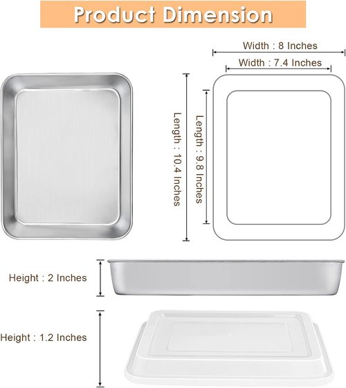 E-far Toaster Oven Baking Pan Set - 10.4”x 8”x 2” Stainless Steel Cake Pans with Lids | Non-Toxic & Dishwasher Safe