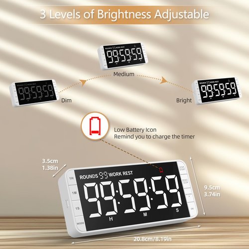 MeesMeek 7.8'' Extra Large Rechargeable LED Kitchen Timer - 99H Countdown/Countup, 3 Brightness, 5 Alarms, 4 Volume Levels | Magnetic Large Timer for Cooking, Classroom, Home Gym