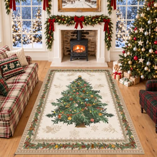 Olacotta 5x7 Beige Christmas Area Rug with Center Tree - Non-Slip, Machine Washable
