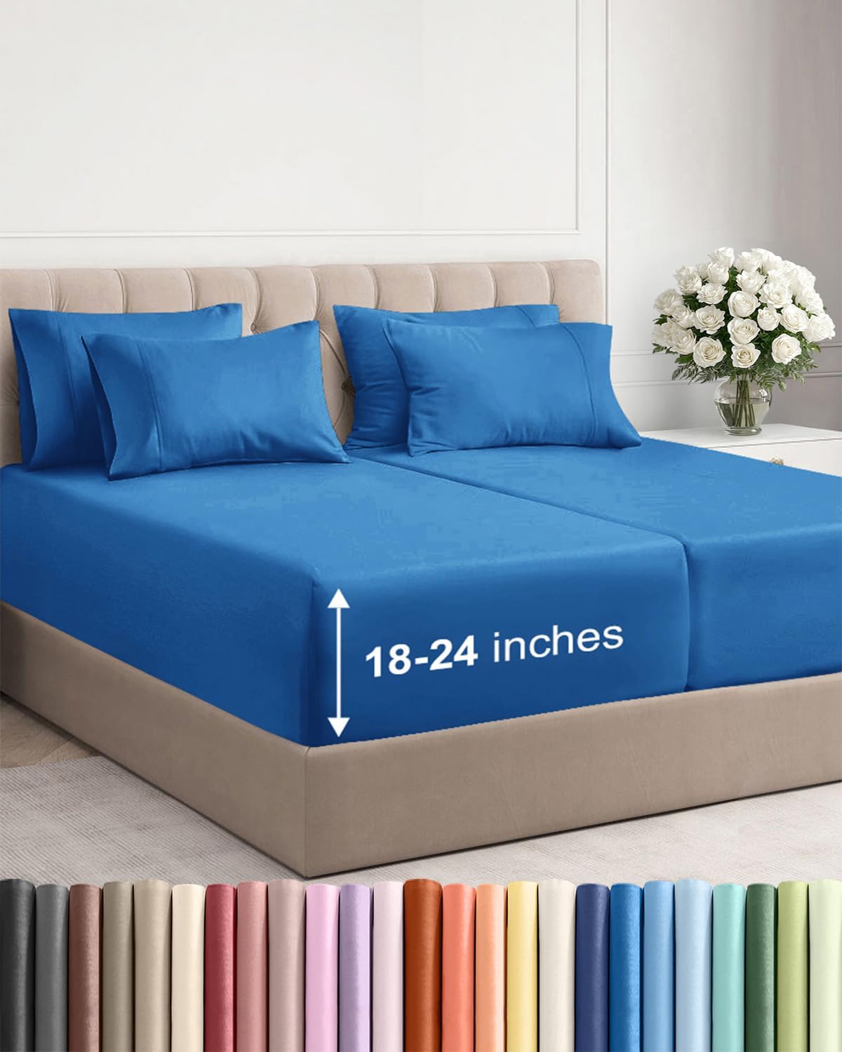 Skiennix Extra Deep Split King Sheet Set - 7 Piece Breathable Cooling Bedding - Luxurious Soft Royal Blue