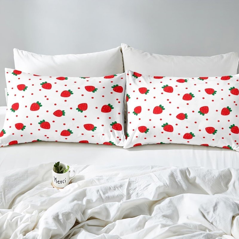 Cute Strawberry Bottom Sheet Full,Red Polka Dot Plants Nature Bedding Set 4pcs for Kids Teens Girls Bedroom Gift,Summer Fruits Sheet Set White Cartoon Fitted Sheet+Flat Sheet+2 Pillowcases