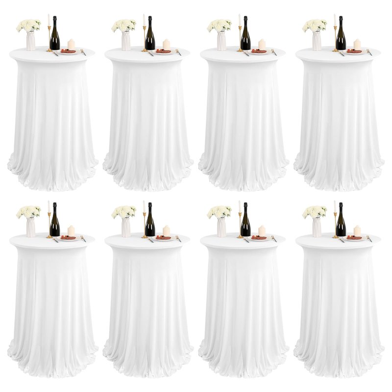 REWOMC 8 Pack White Spandex Round Cocktail Table Skirt, 24"x 43", Wavy Drapes, Stain & Wrinkle Resistant, Perfect for Cocktail Parties, Weddings, Banquets