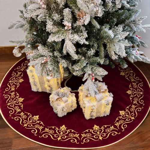 Scritism Burgundy 60 Inch Velvet Christmas Tree Skirt with Damask Baroque Embroidery