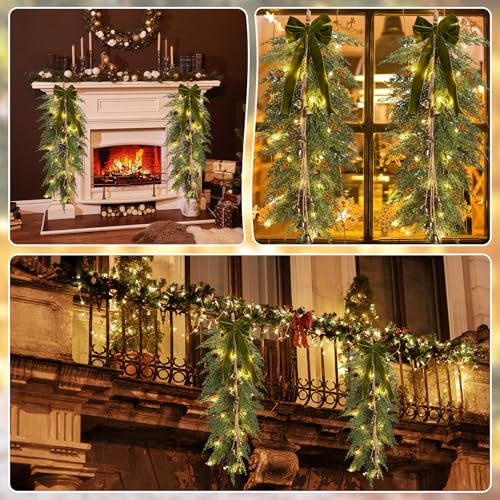 36-Inch Artificial Christmas Teardrop Swag with LED Lights and Velvet Bow