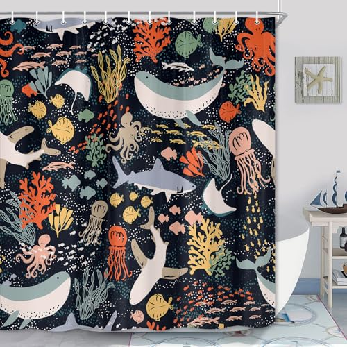 Boho Ocean Shark Shower Curtain - Waterproof Fabric Bathroom Decor 69x70