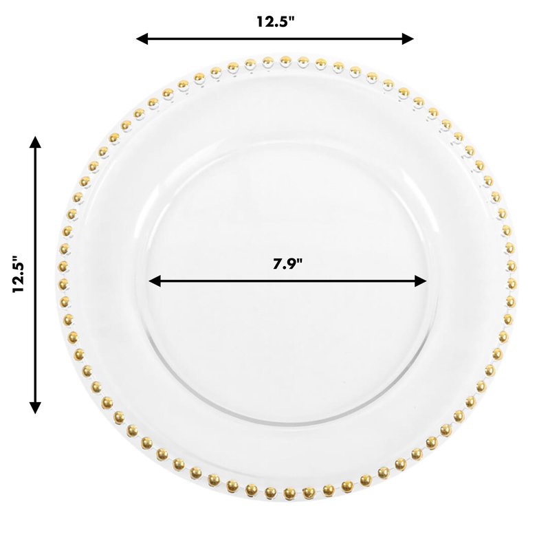Koyal Wholesale 12.5" Round Clear Glass Gold Beaded Couture Charger Plate, 4-pack
