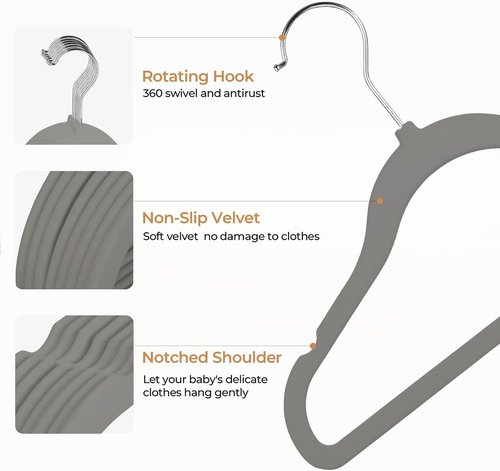GoodtoU Velvet Baby Hangers | 20-Pack Toddler Infant Clothing Hangers - Dark Grey, Non-Slip Design