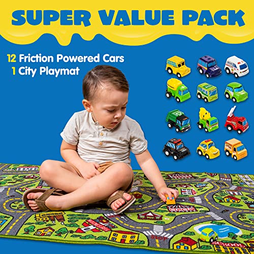 City Life Play Rug with 12 Pull-Back Toy Vehicles - 58.5" x 31.5" Playmat