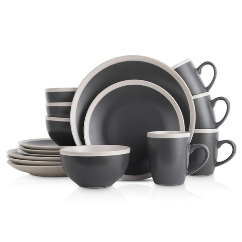 Stone Lain Serenity Stoneware, Service for 4, Plates and Bowls Sets, Dark Gray and Cream Dinnerware, Dishwasher & Microwave Safe, 16-Piece