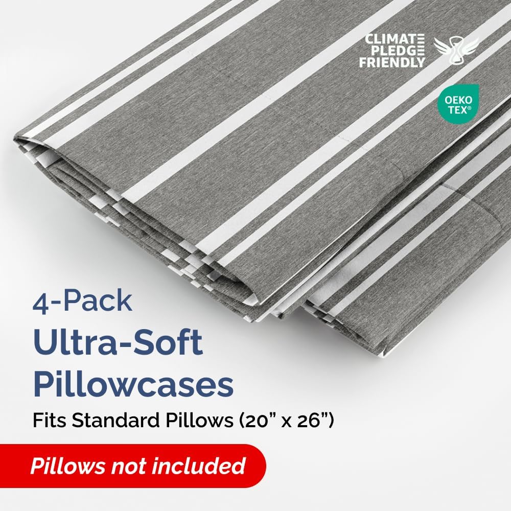 Standard Pillow Cases Set of 4 - Soft Hotel Quality Covers for Cozy Bedding - Machine Washable Grey Stripes