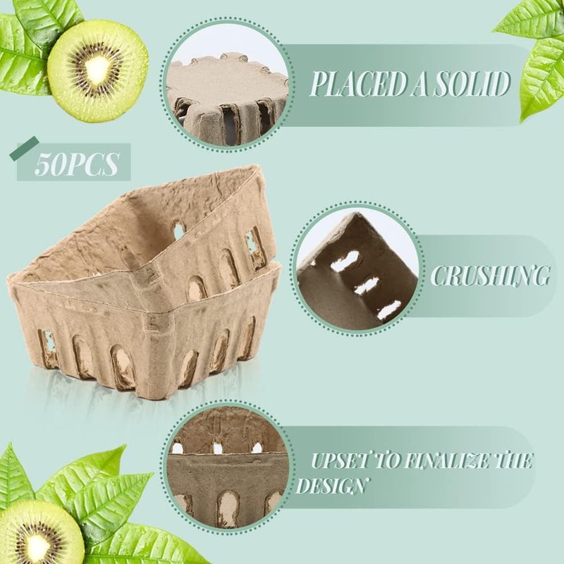 Vmiapxo 50 Pack Natural Pulp Fiber Berry Basket, Small Farmers Market Display Produce Baskets, Vented Berry Container for Strawberry Blueberry Raspberry Egg Fruit Vegetable, Grocery Store Supplies