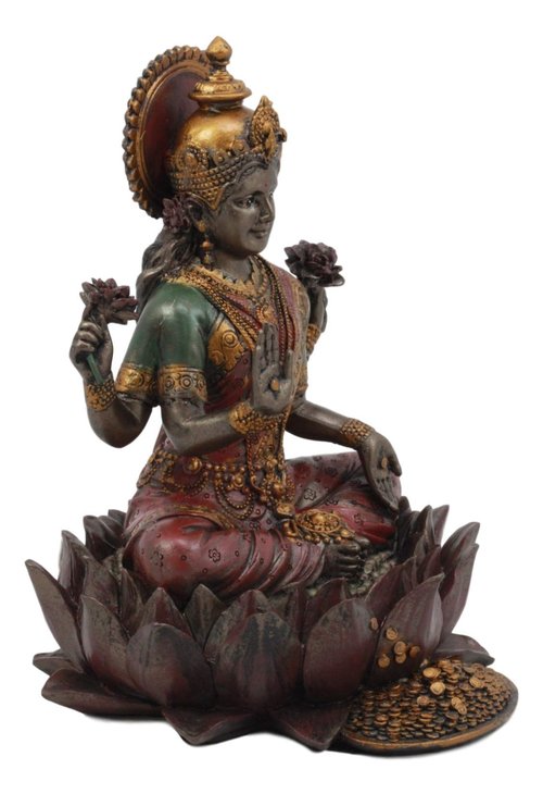 Ebros Beautiful Hindu Goddess Lakshmi Seated On Lotus Flower Statue 6.25" Tall Eastern Enlightenment Resin Altar Decor Figurine
