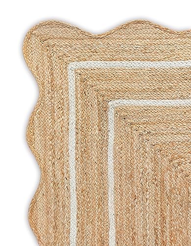 2'x6' Scalloped Jute Runner Rug, Handmade Natural Boho Hallway Carpet