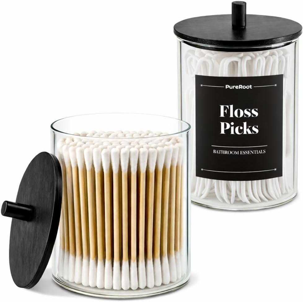 Skiennix Glass Qtip Holder Dispenser Set | 15oz & 10oz Cotton Swab Organizers with Black Wooden Lids