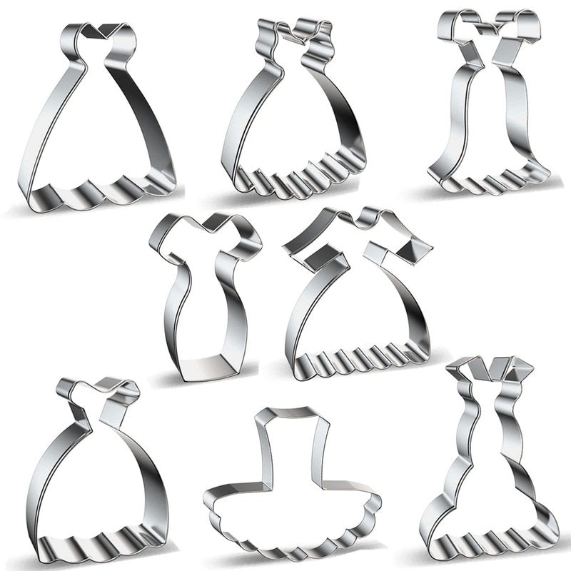 Dress Shaped Cookie Cutters Set of 8 pcs, Stainless Steel Wedding Princess Dress Fondant Cutter Molds Baking DIY