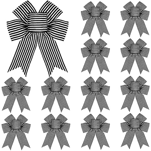 MTLEE 12-Pack Black White Stripe Christmas Bows with Hemp Rope, 5x7 inch