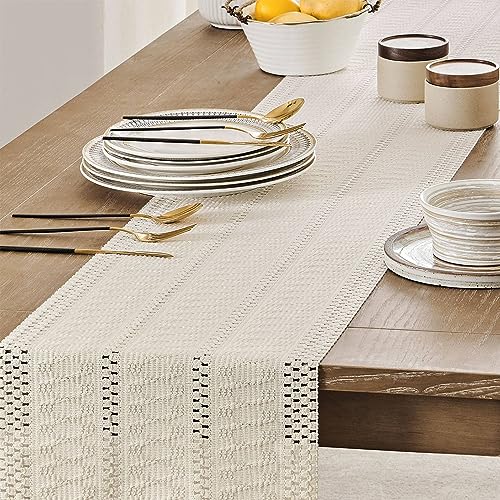 Macrame Table Runner 12x72 Inch, Ivory Woven Boho Table Scarf with Tassels