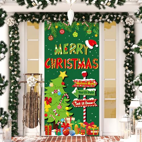 Christmas Door Cover with Tree & 'MERRY CHRISTMAS' Banner 31.5x67 inches