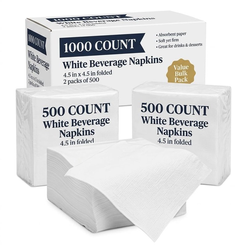 White Disposable Beverage Napkins – 1000 Count Cocktail Napkins, Absorbent Paper Napkins, Bulk for Parties, Bars, Catering, Restaurants & Events