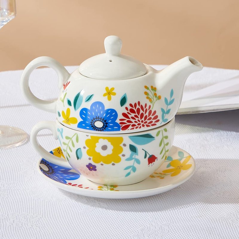 CHILDIKE Tea for One Set, Porcelain Teapot for One and Cup Set, Tea Set for One, Floral Tea Set for Gift, Women, Garden Spring