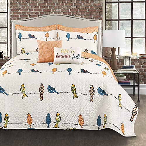 Reversible Floral Bird Quilt Set - 7-Piece Full/Queen Bedding Set with Pillows