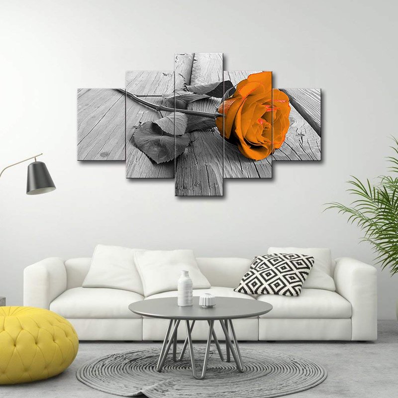 Orange Floral Flower Orange Rose 5 Pieces Modern Decorative Painting Canvas Wall Art for Living Room Bedroom Bathroom Stretched and Framed Ready to Hang (60''W x 32''H, Orange)