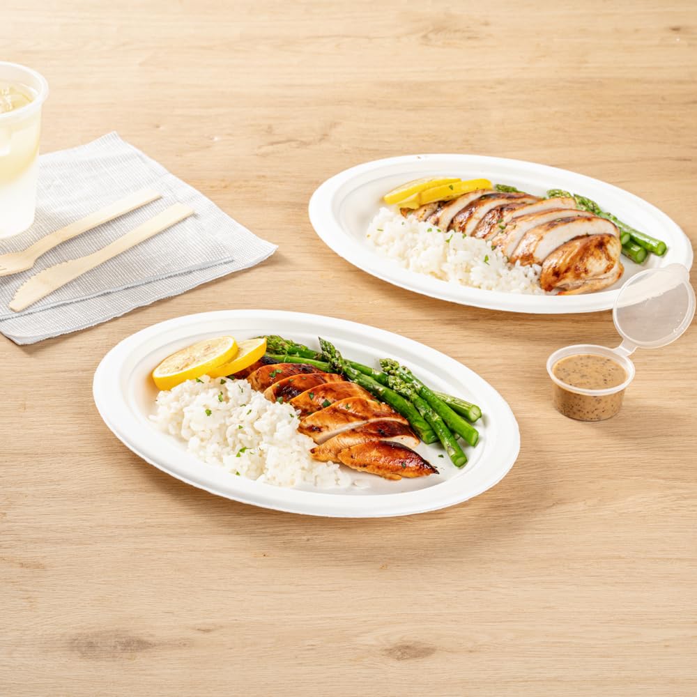 Restaurantware Pulp Safe No PFAS Added 10.4 x 7.8 Inch Medium Oval Plates 100 Disposable Plates - Home Compostable Microwavable And Freezable White Bagasse Plates For Hot And Cold Foods