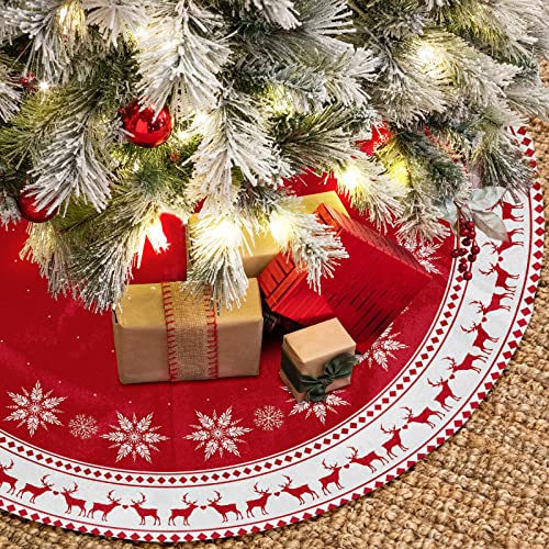 48-Inch Christmas Tree Skirt with Snowflake & Reindeer Design - Rustic Holiday Decor