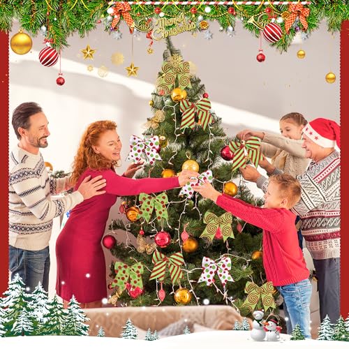 16 Pcs Red Green Christmas Bow Decorations, Glitter Polka Xmas Wreath Bows - Style B