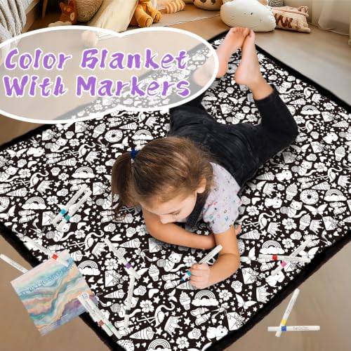 DIY Coloring Blanket - 50x60 Inch Washable Velvet Throw with 24 Markers