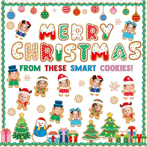 Gingerbread Man Bulletin Board Decor Set - DIY Christmas Photo Wall Including Snowflakes & Gifts - Variation of Gingerbread Man Bulletin Board