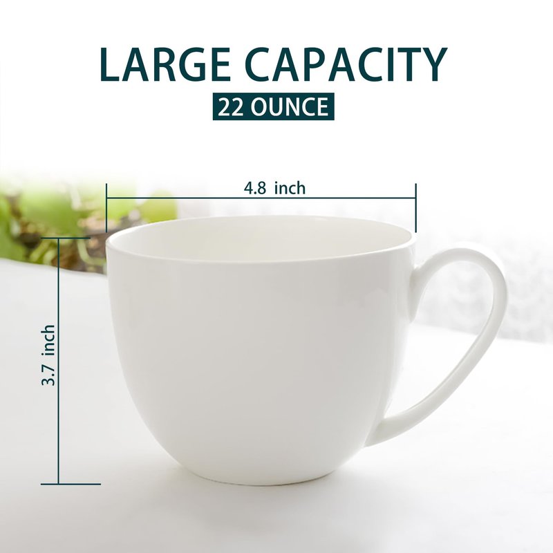 Gang Rinpoche 22 OZ White Bone China Soup Mugs with Handles, Large Ceramic Coffee Mugs Set of 2 for Hot Chocolate Cocoa Cereal Salads Yogurt Beverage Milk Latte Cappuccino, Dishwasher Microware Safe