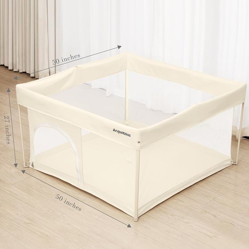 Foldable Baby Playpen by Regine Switzerland - Portable 50"×50" Play Yard with Breathable Mesh & ASTM F406 Certified (Beige)