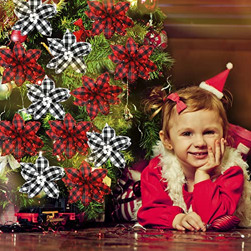 12 Pcs Christmas Buffalo Plaid Poinsettia Ornaments with Glitter - Holiday Tree Decorations