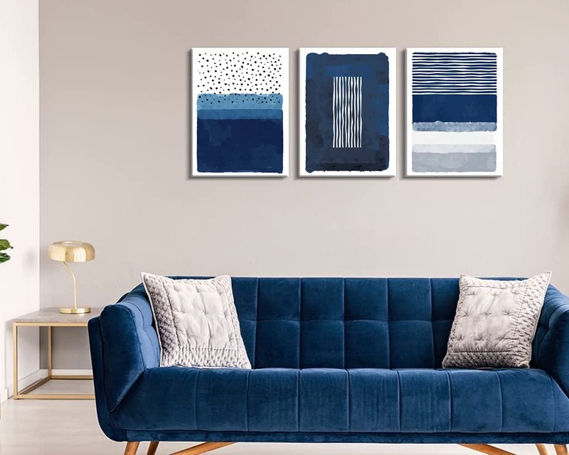 Creoate Blue Canvas Wall Art 3 Pieces - Abstract Blue White Painting Framed Print for Living Room Bedroom Decor Navy 16x24 Inch