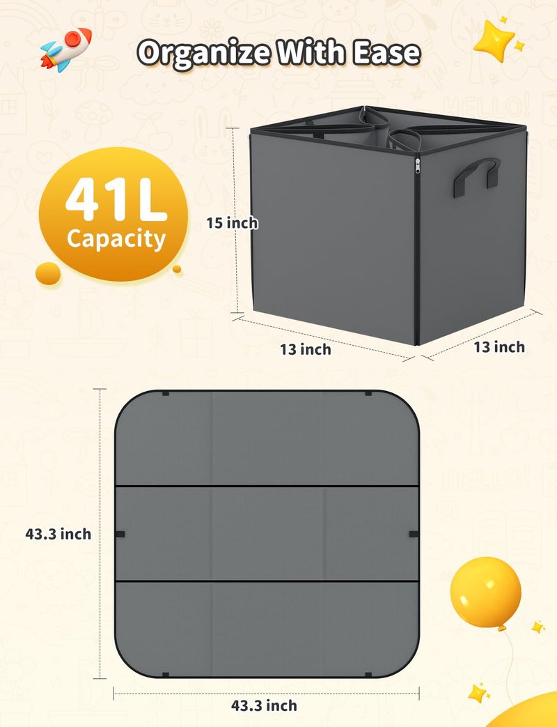YOHOOLYO 2 In 1 Toy Storage Play Mat, Storage Box for Kids Children Space Adventures Design,Nursery, Playroom, Basket for Building Bricks Blocks Collapsible Cube Bin, 15"×13"×13"