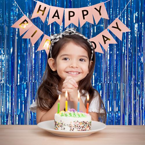 K.E.J. Blue Foil Fringe Curtains 2-Pack - Metallic Tinsel Party Backdrop