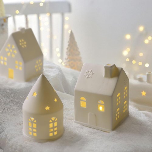 Christmas Village Sets - 3-Piece White Christmas Decorations | Rustic Farmhouse Decor for Home