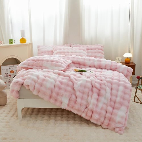 chovy Pink White Rabbit Plush Faux Fur Bread Grid Comforter Sets Twin/Full - 3PC Bed Set Ultra Warm Soft Skin Friendly Flannel Velvet Fluffy Fuzzy Bedding（Comforter x 1 Pillowcases x 2）